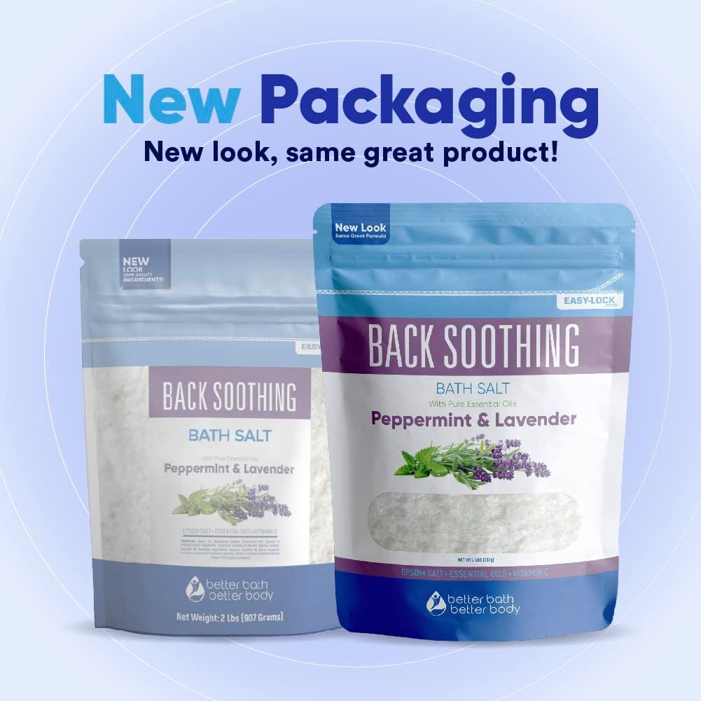Back Soothing Bath Salt 32 Ounces Epsom Salt with Natural Bergamot, Lavender, Eucalyptus and Peppermint Essential Oils Plus Vitamin C in BPA Free Pouch with Easy Press-Lock Seal