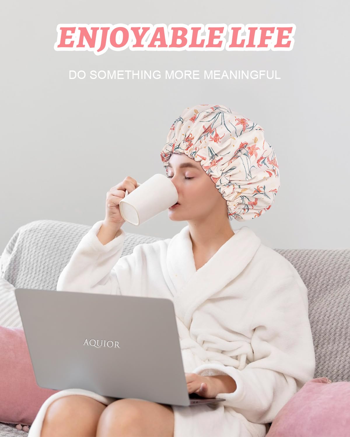 Aquior Shower Caps, Double Layer Waterproof Shower Cap for Women, Reusable Large Shower Cap for all Hair Lengths with EVA Lining, Soft Bath Shower Caps