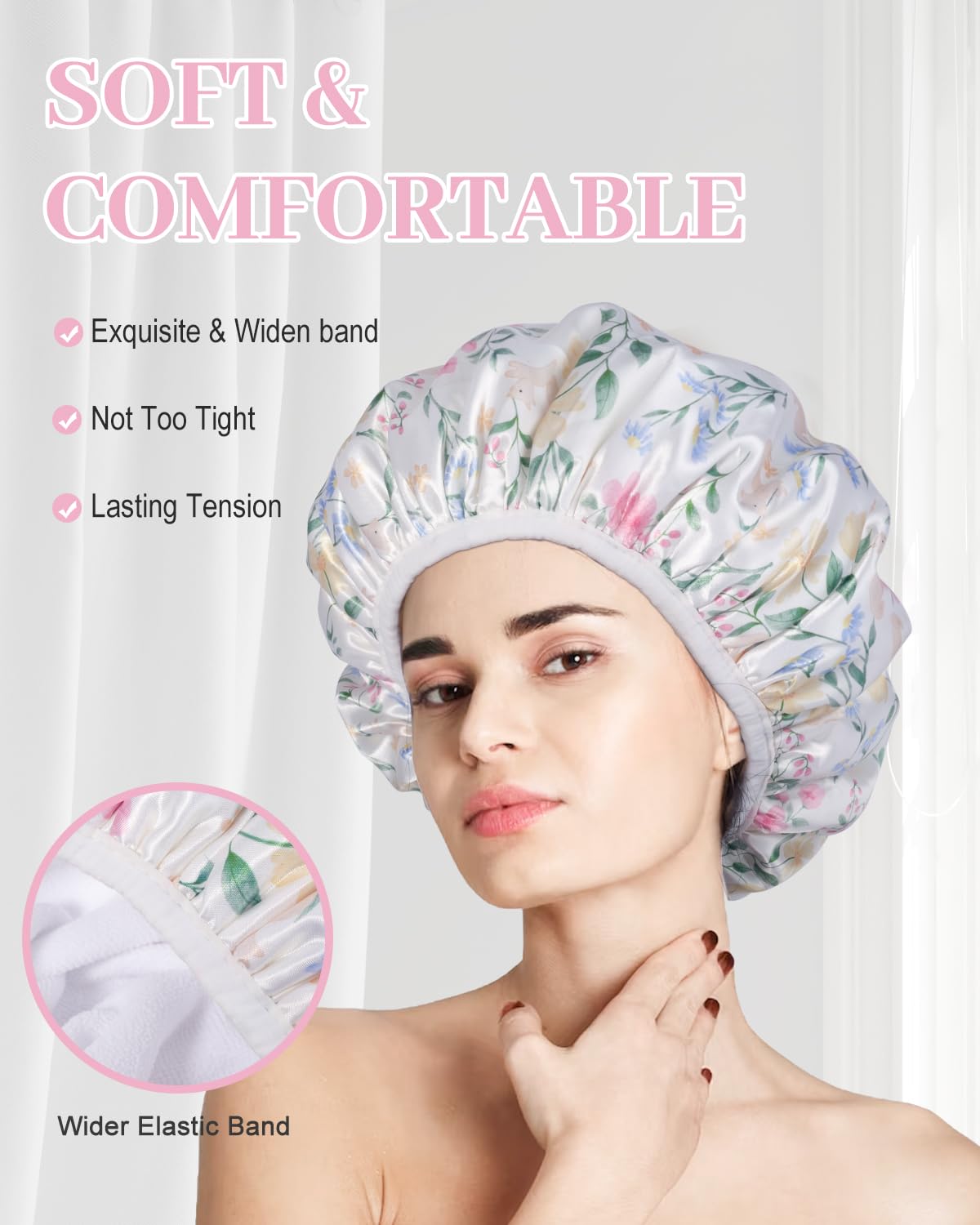 Aquior Shower Cap,Terry Cloth Lined Shower Cap for Women Reusable, Triple Layer Waterproof Bath Cap, Extra Large for Women Long Hair