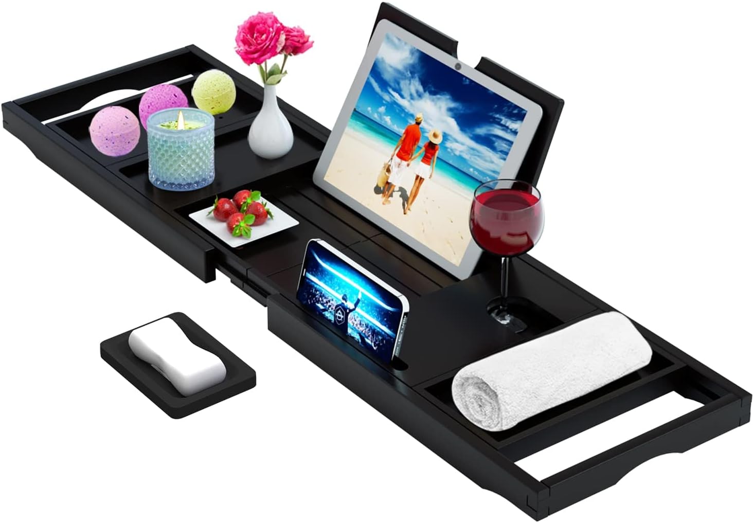 Premium Bathtub Tray Caddy - Bath Tray Bamboo Expandable - Bath Tub Tray Table for Bathtub - Expandable Size, Fits Most Bath Tubs