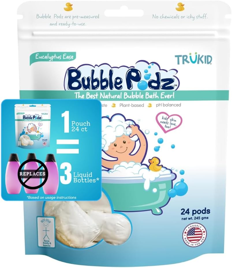 TruKid Bubble Podz for Baby, Refreshing Bubble Bath for Dry, Sensitive & Soft Skin, pH Balanced for Eye Sensitivity, Enriched with Lavender Flower, Lavender Scent, All Natural Ingredients (24 Podz)
