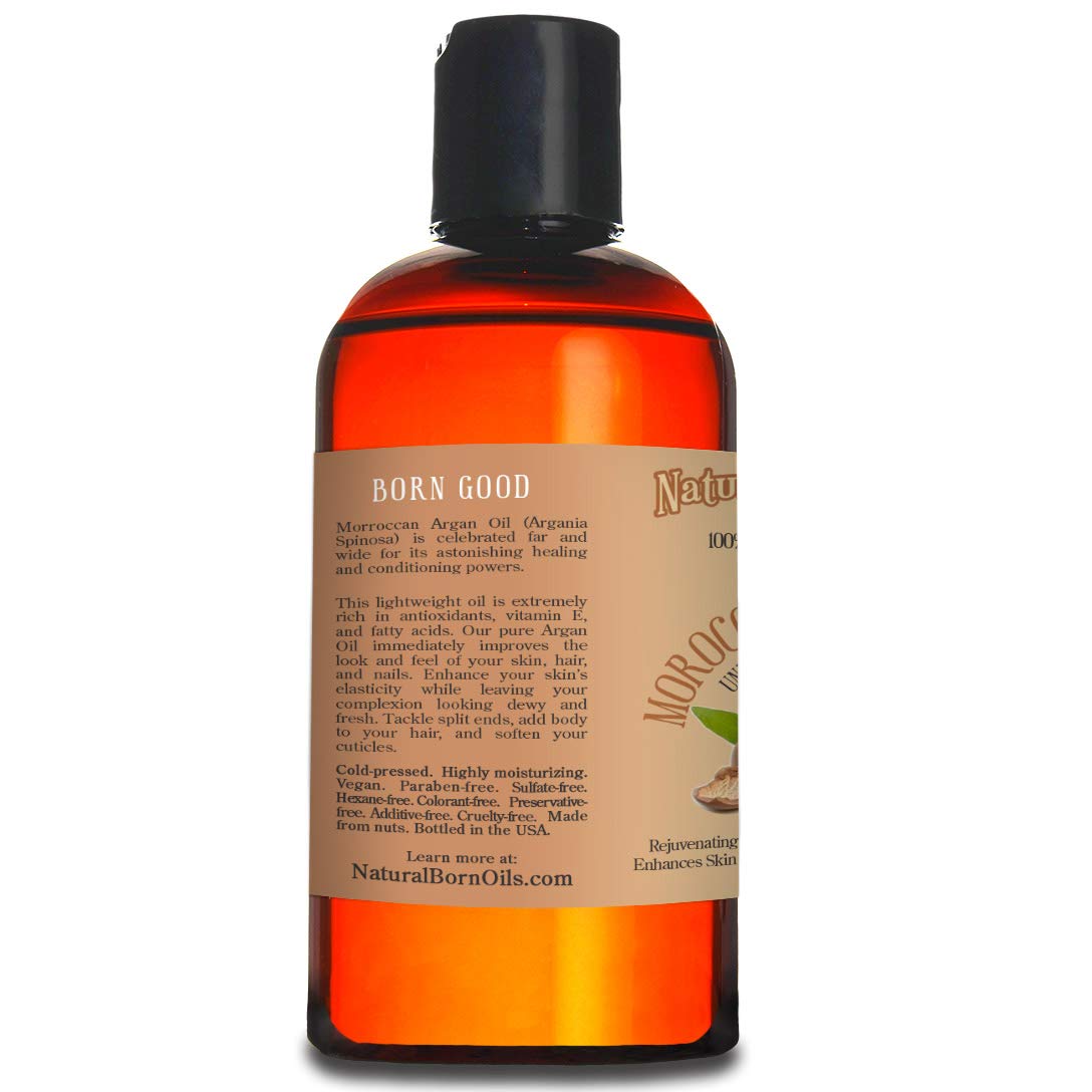 Natural Born Oils Aceite de argán marroquí. 16oz. 100% puro y natural, prensado en frío, orgánico. Hidratante natural para tu piel y cabello