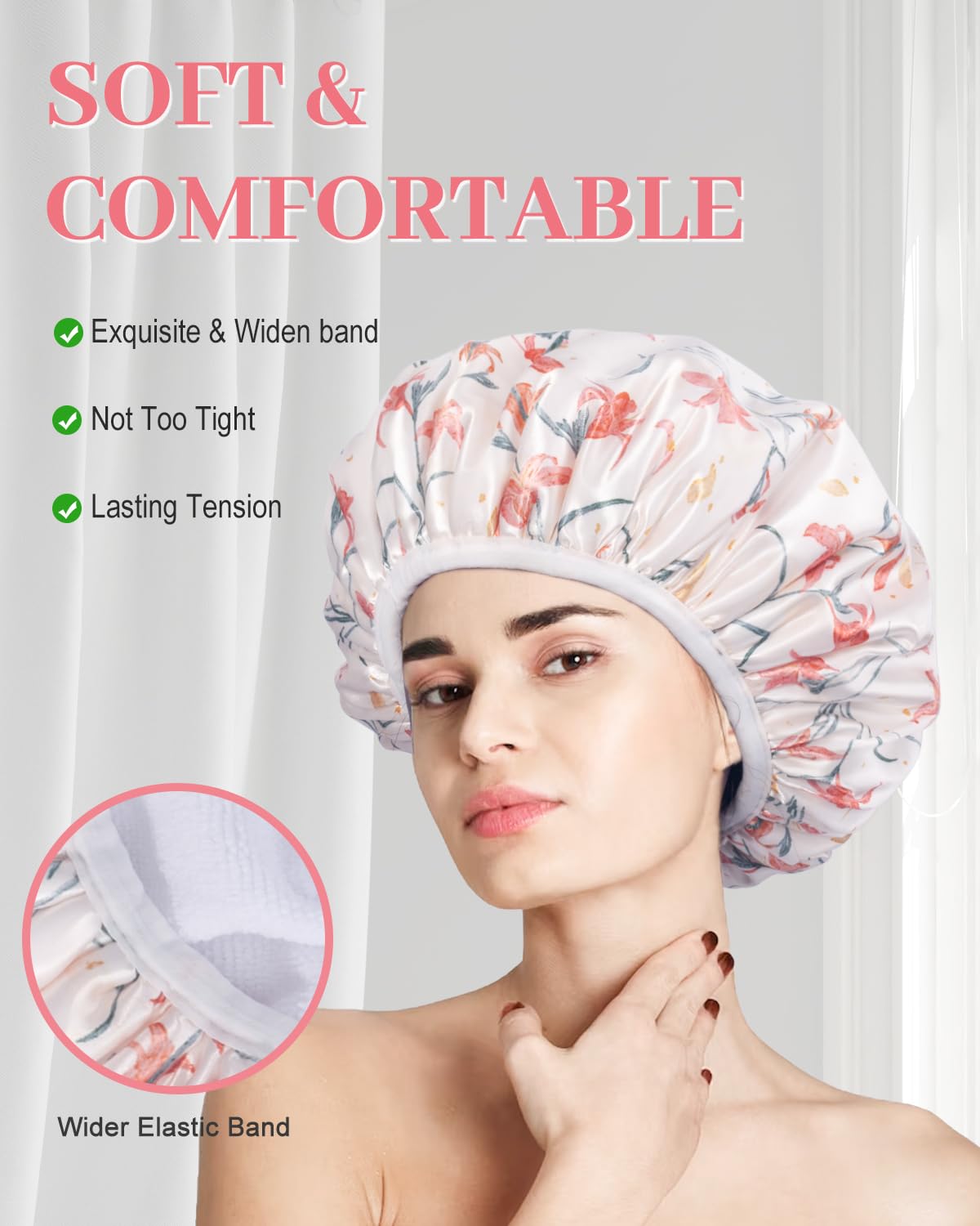Aquior Shower Cap,Terry Cloth Lined Shower Cap for Women Reusable, Triple Layer Waterproof Bath Cap, Extra Large for Women Long Hair