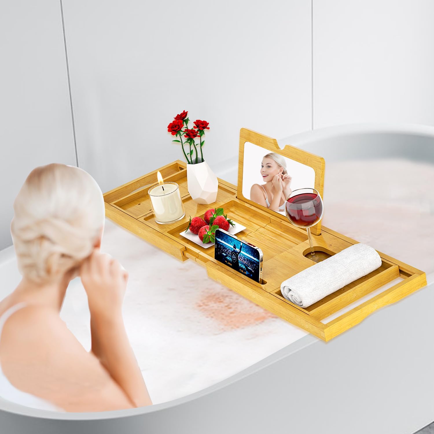 Premium Bathtub Tray Caddy - Bath Tray Bamboo Expandable - Bath Tub Tray Table for Bathtub - Expandable Size, Fits Most Bath Tubs