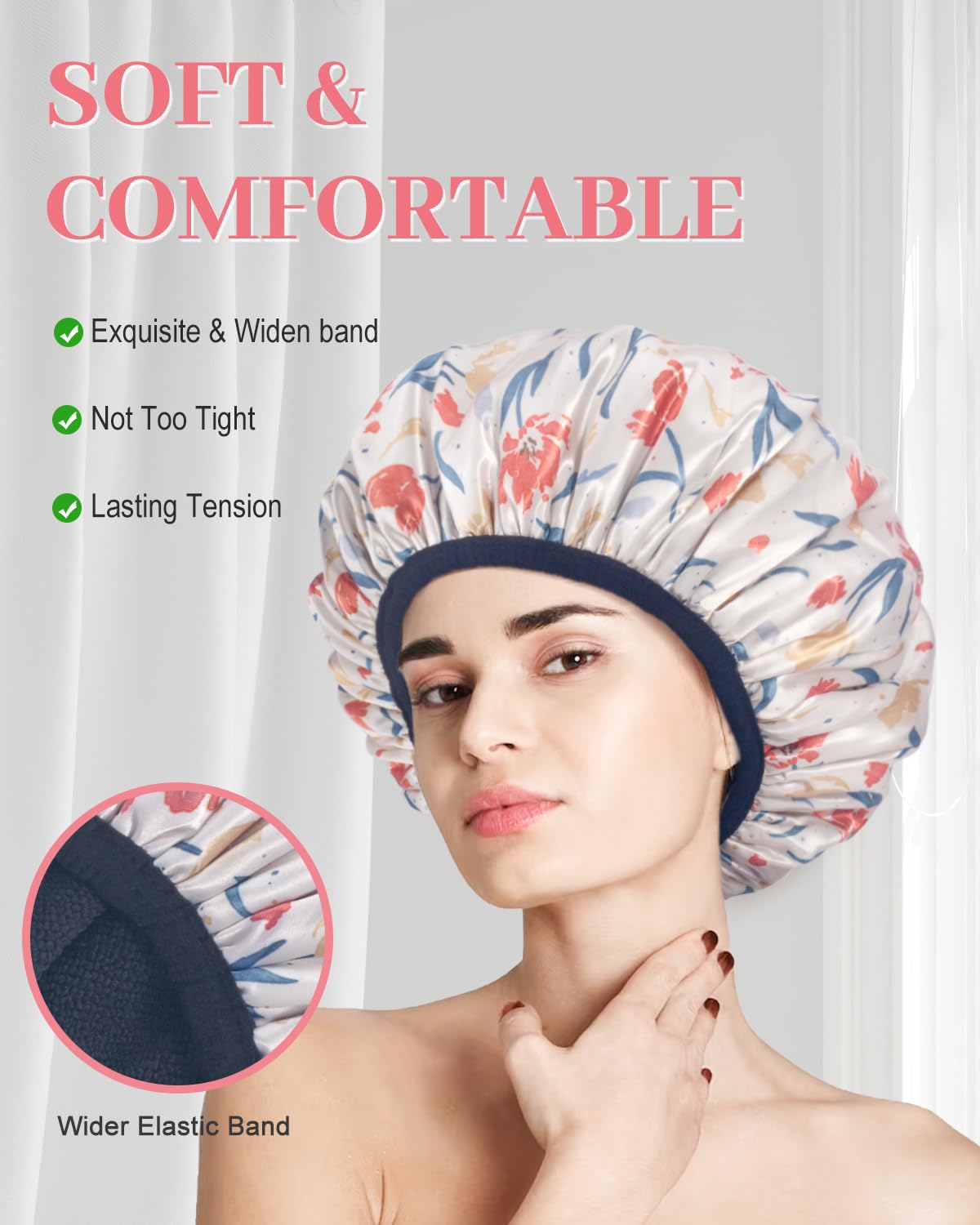 Aquior Shower Cap,Terry Cloth Lined Shower Cap for Women Reusable, Triple Layer Waterproof Bath Cap, Extra Large for Women Long Hair