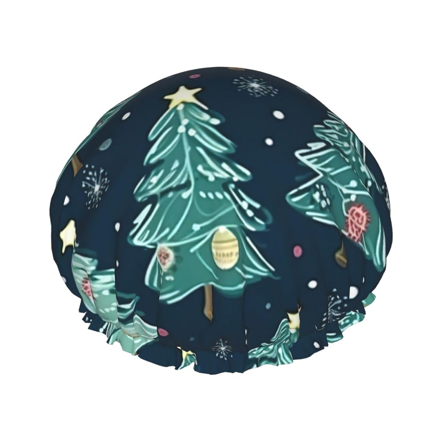 Double Layer Waterproof Shower Cap for Women - Lightweight, Portable, and Reusable Bath Accessory for Long Hair Xmas Tree Ball Stars