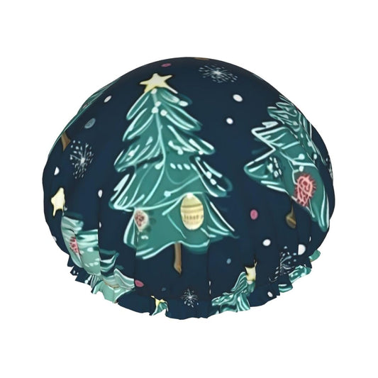 Double Layer Waterproof Shower Cap for Women - Lightweight, Portable, and Reusable Bath Accessory for Long Hair Xmas Tree Ball Stars