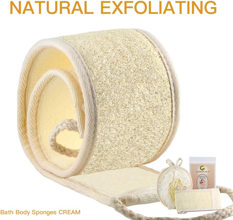CROVIN Shower Puff 4 Pack Bath Sponge Shower Loofahs Pouf Large 7x5 Premium Exfoliating Mesh Puffs for Men and Women-Elastic Hand Strap Body Brush to Soothe, Cleanse Your Skin