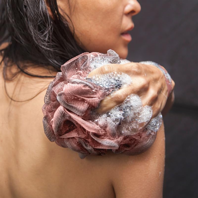 Toem Loofah Back Scrubber for Shower | Bamboo Charcoal Fiber Infused | Loufas for Men & Women | Includes 1 Long Handled Shower Sponge, 1 Bath & Shower Luffa Pouf & 1 Hook to Hang Stuff (Slate Grey)