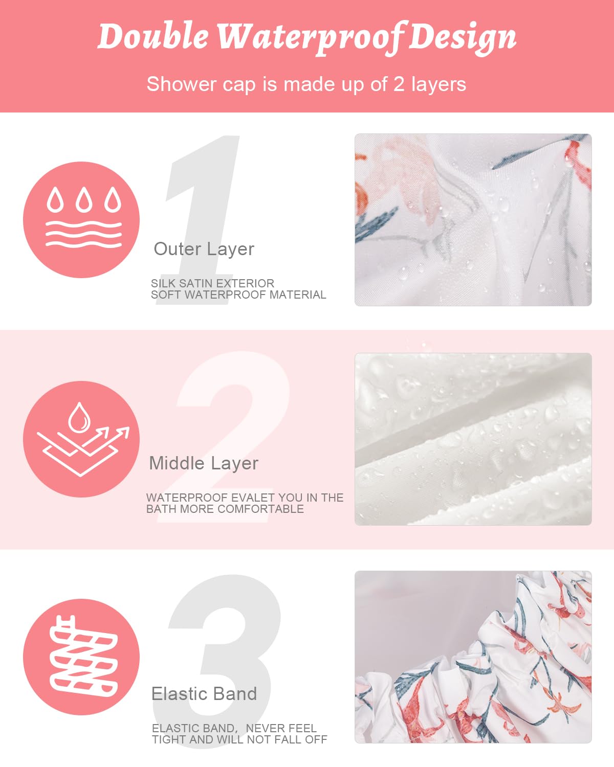 Aquior Shower Caps, Double Layer Waterproof Shower Cap for Women, Reusable Large Shower Cap for all Hair Lengths with EVA Lining, Soft Bath Shower Caps