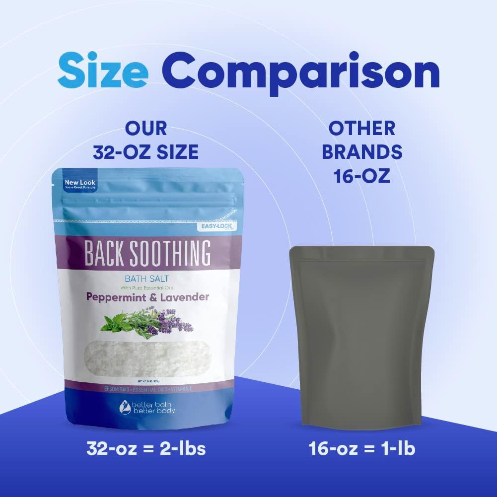 Back Soothing Bath Salt 32 Ounces Epsom Salt with Natural Bergamot, Lavender, Eucalyptus and Peppermint Essential Oils Plus Vitamin C in BPA Free Pouch with Easy Press-Lock Seal