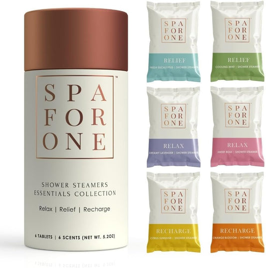 Spa For One Aromatherapy Shower Steamers 6 Pack with Natural Essential Oils - Valentine's Day Gifts for Her, Birthday Gifts for Women and Men, Relaxation and Luxury Self Care