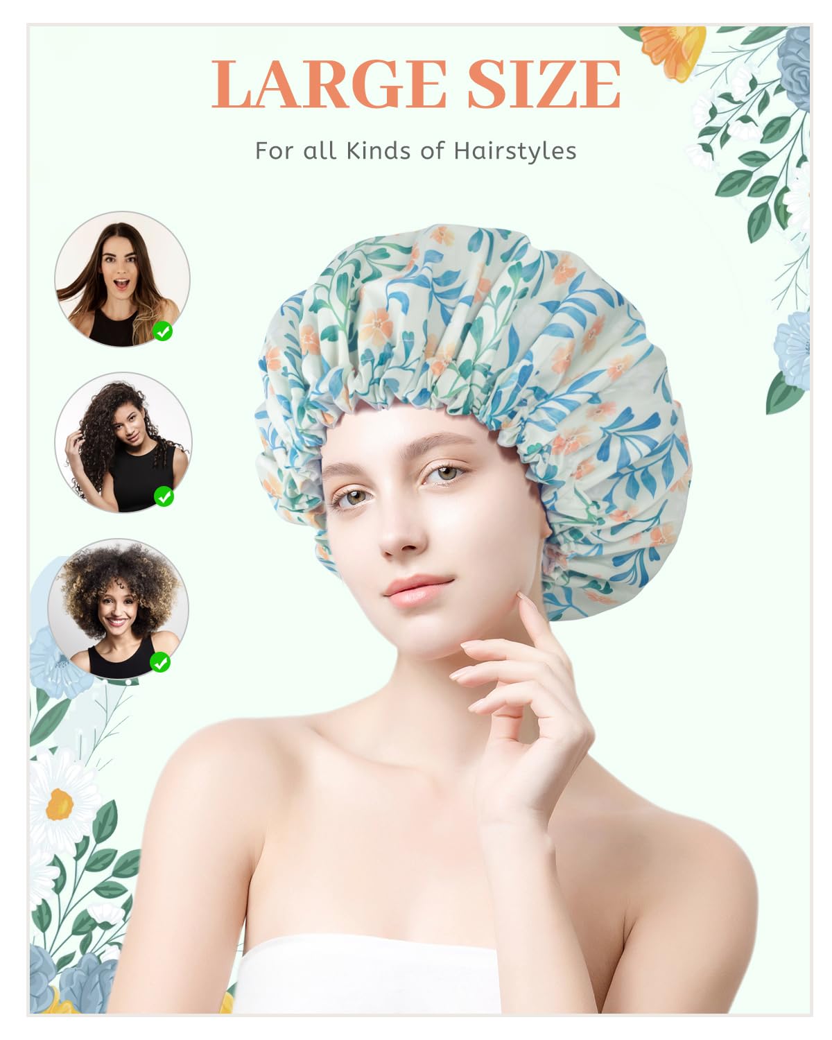 Aquior Shower Caps, Double Layer Waterproof Shower Cap for Women, Reusable Large Shower Cap for all Hair Lengths with EVA Lining, Soft Bath Shower Caps