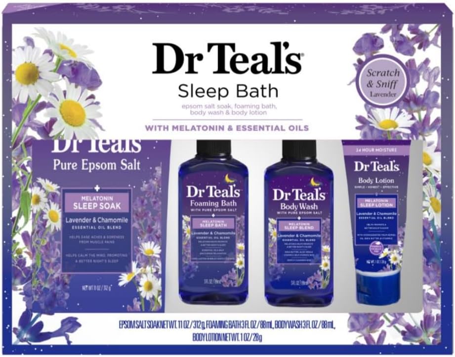 Dr Teal's Melatonin Sleep Soak Lavender & Chamomile Epsom Salt 11oz, Foaming Bath 3oz, Body Wash 3oz, Body Lotion 1oz, Gift Set