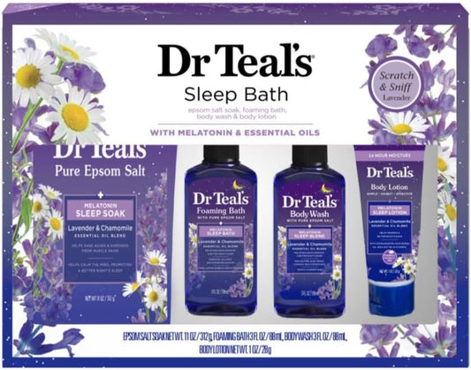 Dr Teal's Melatonin Sleep Soak Lavender & Chamomile Epsom Salt 11oz, Foaming Bath 3oz, Body Wash 3oz, Body Lotion 1oz, Gift Set