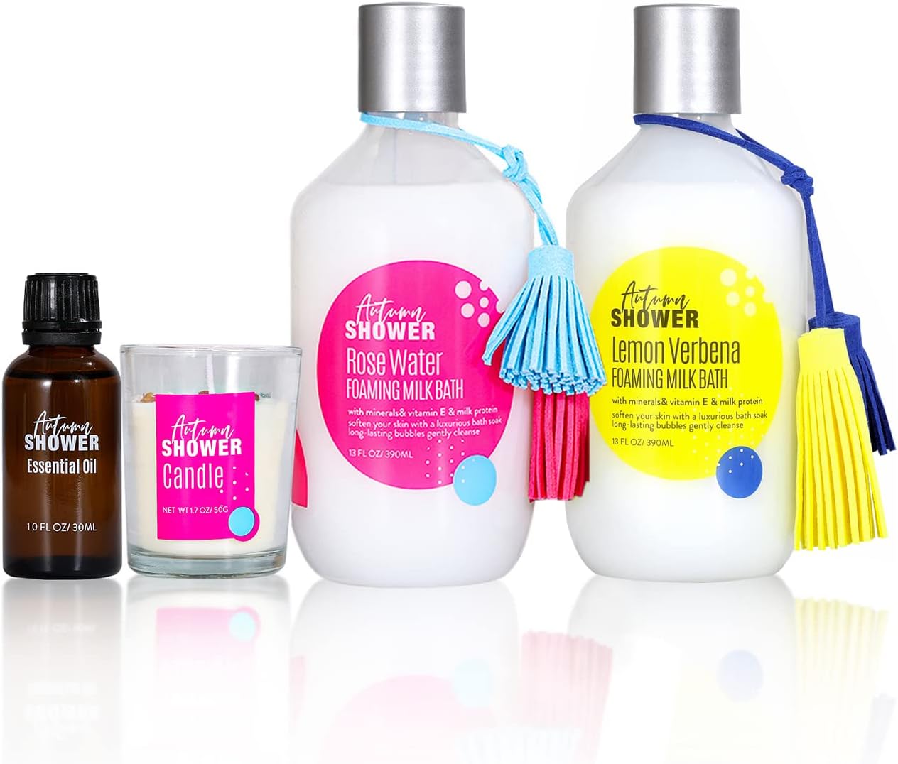 Autumn Shower Bubble Bath Kit - Includes Essential Oils, Scented Candle, Rose Water, and Eucalyptus Mint Milk Bath - Natural Bubble Bath for Kids and Adults with Epsom Salt.
