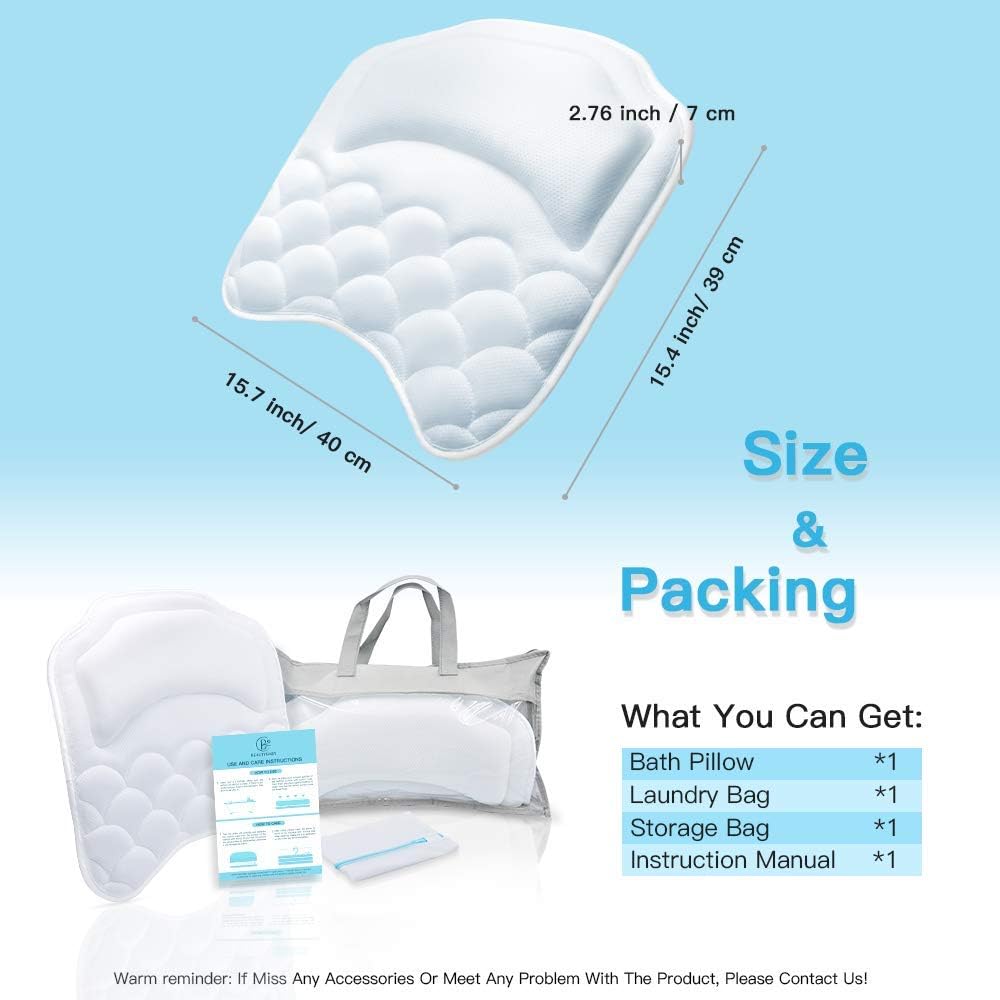 Beautybaby Bathtub Spa Pillow Bath Pillows for tub, with Non-Slip 8 Large Strong Suction Cups, Free Machine Washable Bag