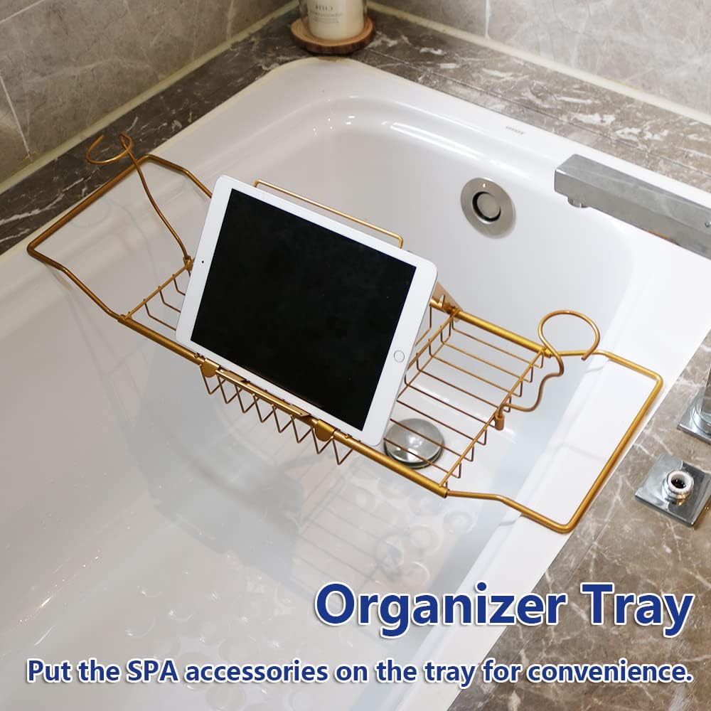 BESTHLS Bathtub Tray Caddy for Luxury Bath Expandable Extra Wide Bath Tub Tray with Wine Glass Holder & Soap Accessaries Holder & Laptop Reading and Organizer Ideal for Home Spa Lover (Silver)