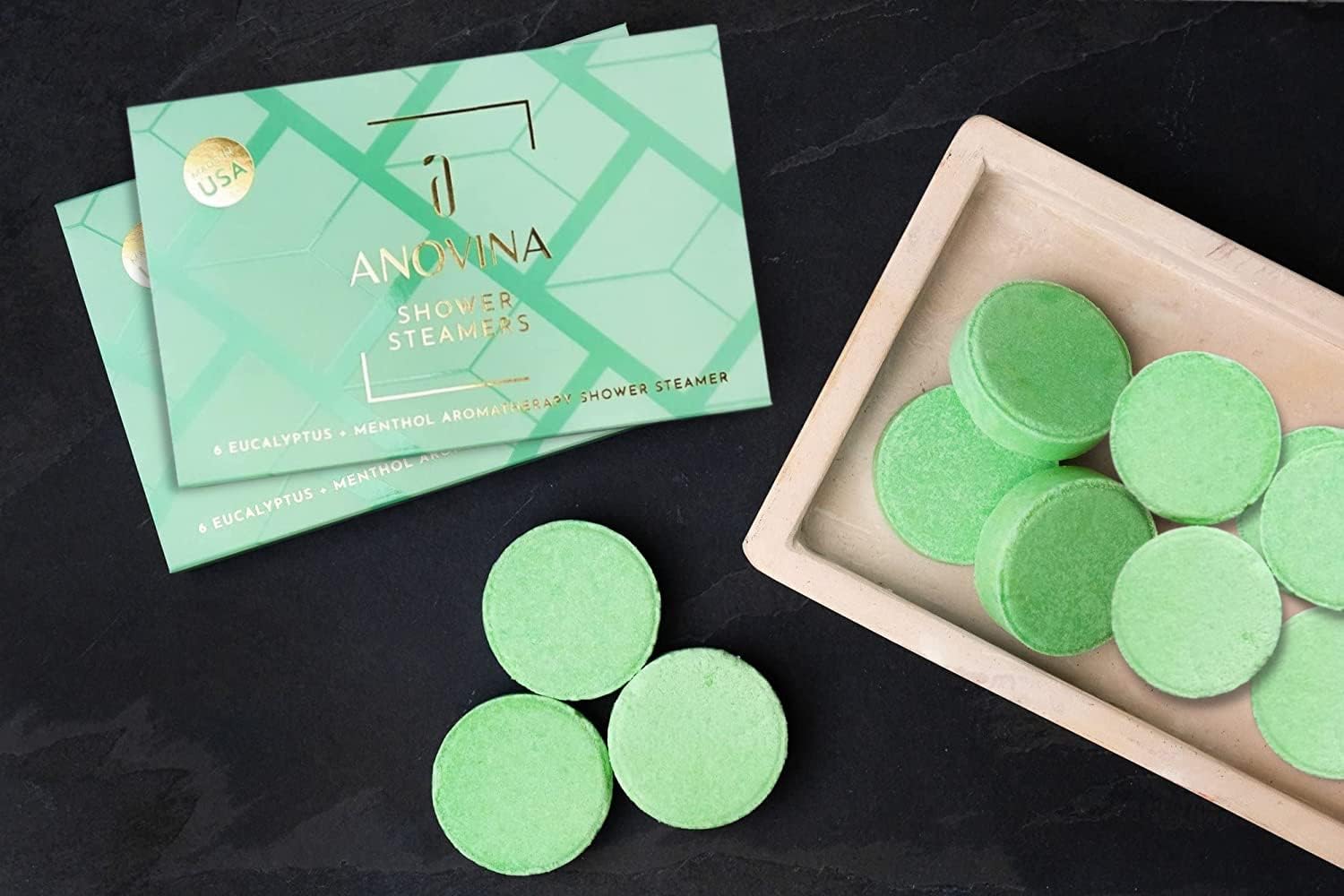 Anovina 6XL Eucalyptus Essential Oil Shower Steamers Gift Box. Proudly Made in USA. Shower Tablets Gifts for Men and Women. Shower Bomb Aromatherapy. Self Care Aromatherapy Gifts for All Occasions