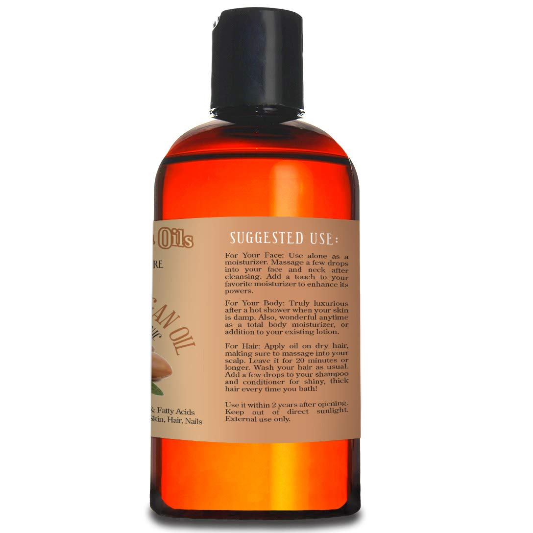 Natural Born Oils Aceite de argán marroquí. 16oz. 100% puro y natural, prensado en frío, orgánico. Hidratante natural para tu piel y cabello