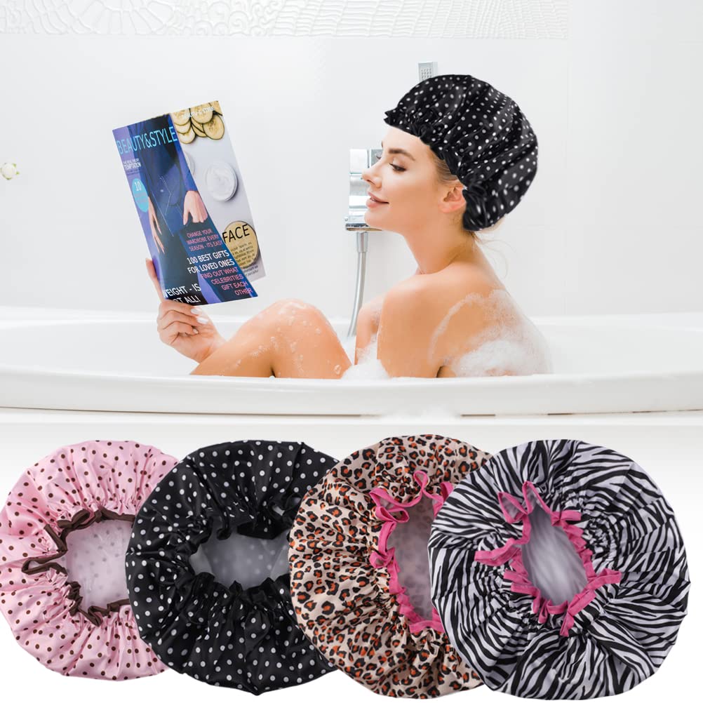 4 Pcs Reusable Shower Cap, Waterproof Shower Cap Elastic Double Layers Shower Hat Bath Caps for Women