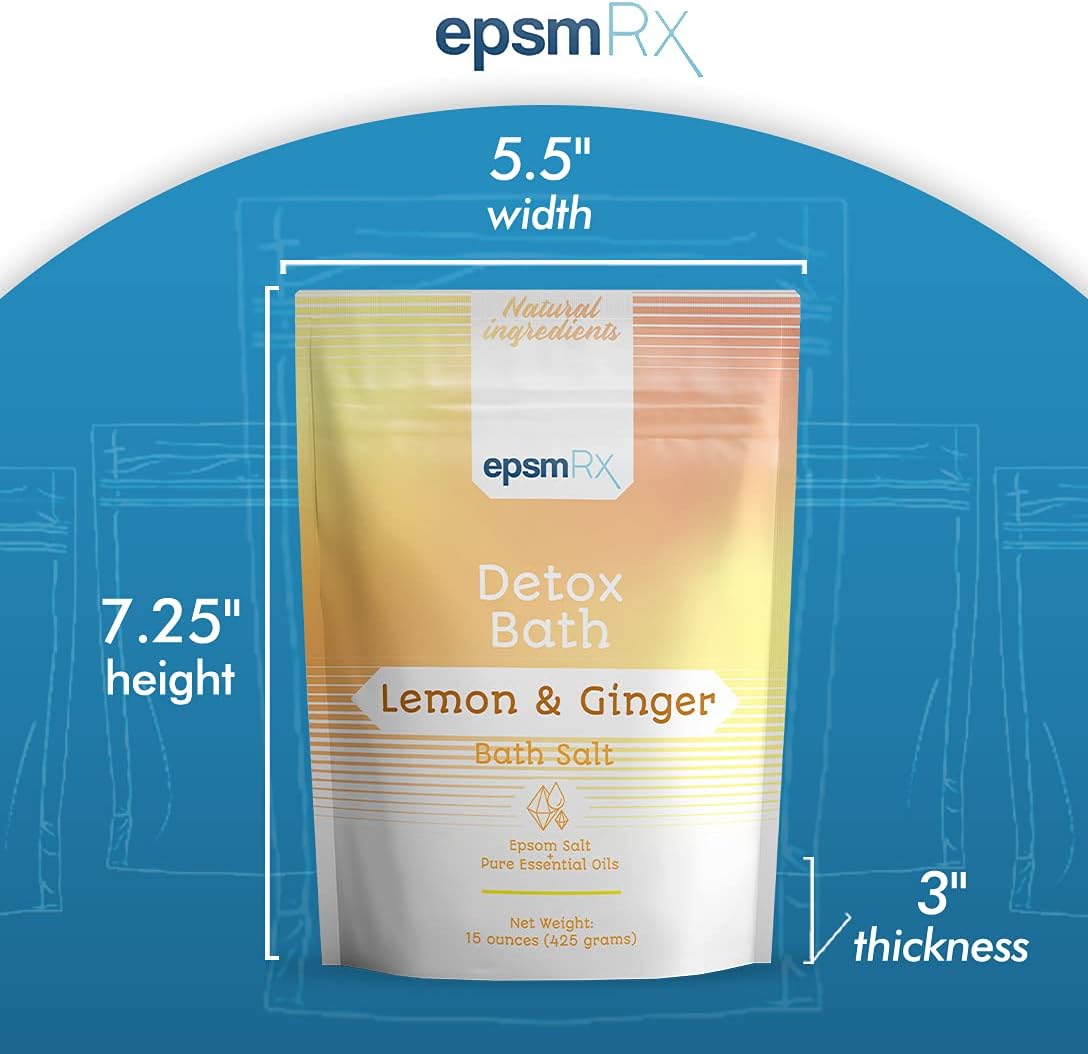 epsmRx Detox Bath Salt 15 Oz Epsom Salt Bath Soak Pouch, Lemon Essential Oil, Ginger Essential Oil