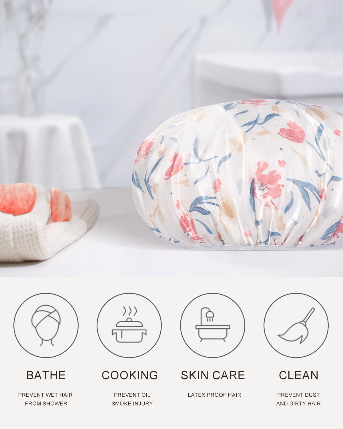 Aquior Shower Cap,Terry Cloth Lined Shower Cap for Women Reusable, Triple Layer Waterproof Bath Cap, Extra Large for Women Long Hair