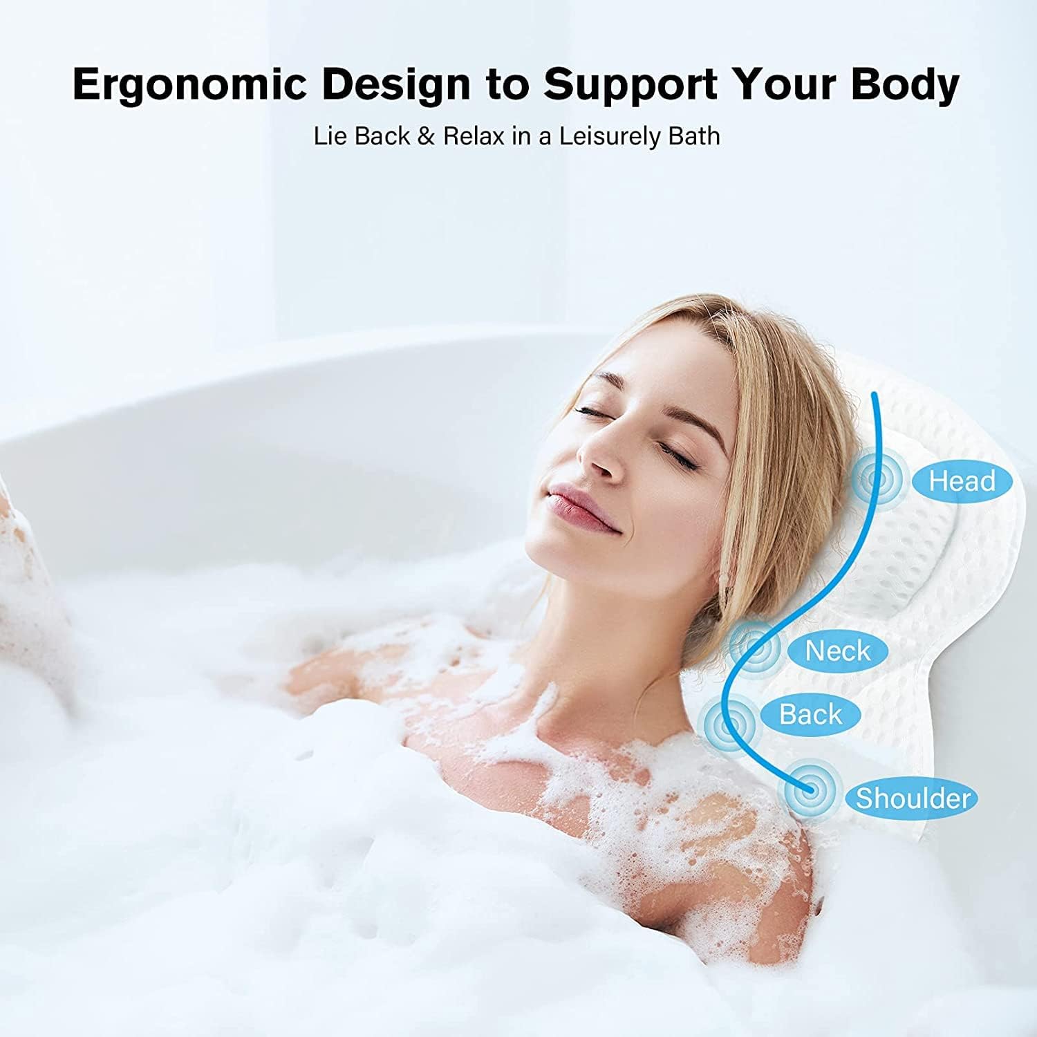 SwiftComfort Luxury Bath Pillow, Ergonomic Bathtub Spa Pillow with 4D Air Mesh Technology and 6 Suction Cups, Helps Support Head, Back, Shoulder Neck, Fits All Bathtub, Hot Tub Home, White