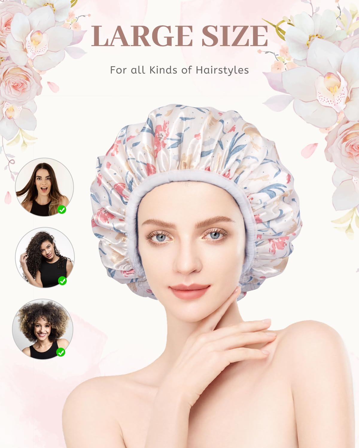 Aquior Shower Cap,Terry Cloth Lined Shower Cap for Women Reusable, Triple Layer Waterproof Bath Cap, Extra Large for Women Long Hair