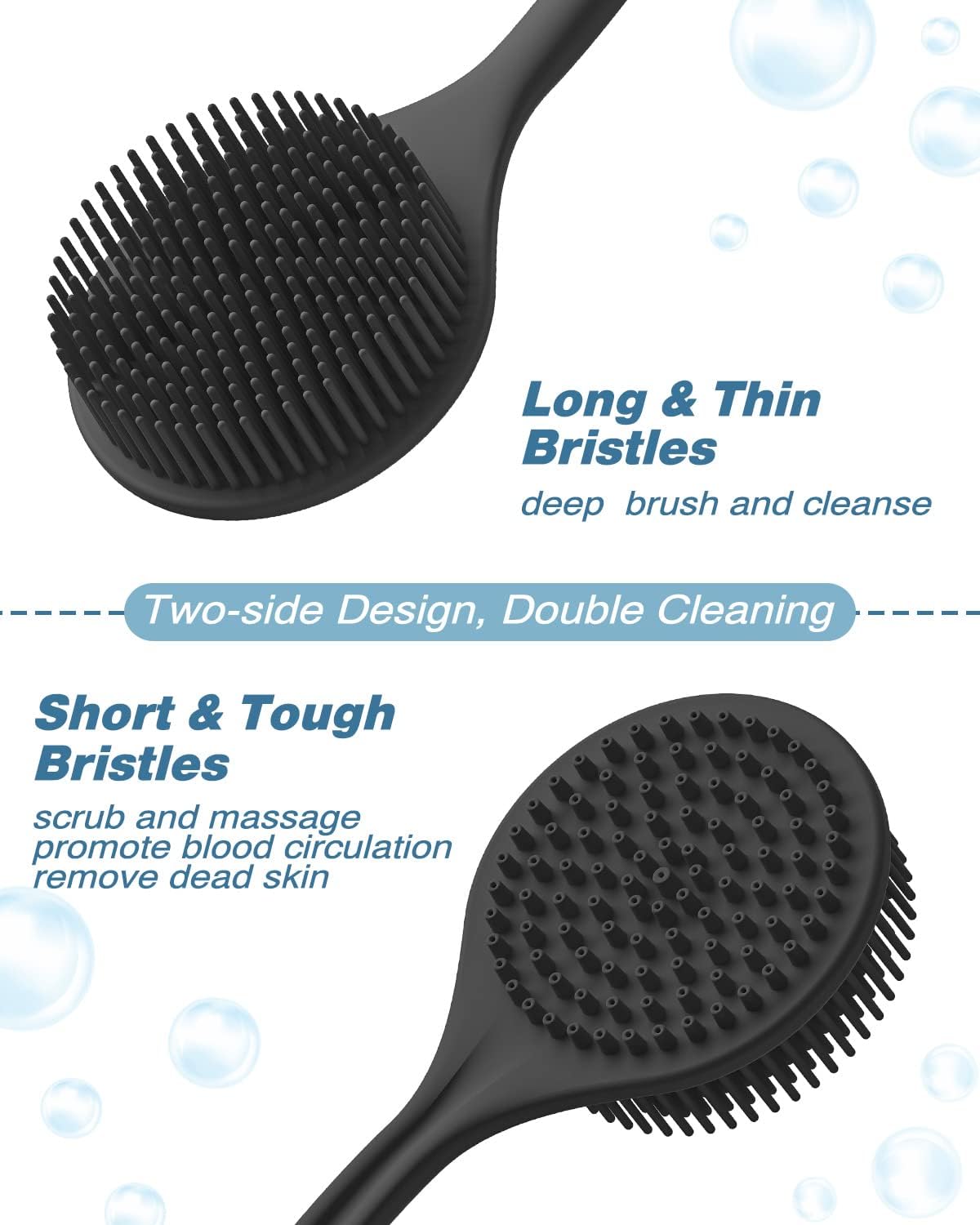Manmihealth Silicone Back Scrubber(Thick Bristles) & Soft Bath Glove Set, Super-Exfoliating Body Scrubber & Super-Lathering Shower Brush Combination, with a Free Hook.(Black)