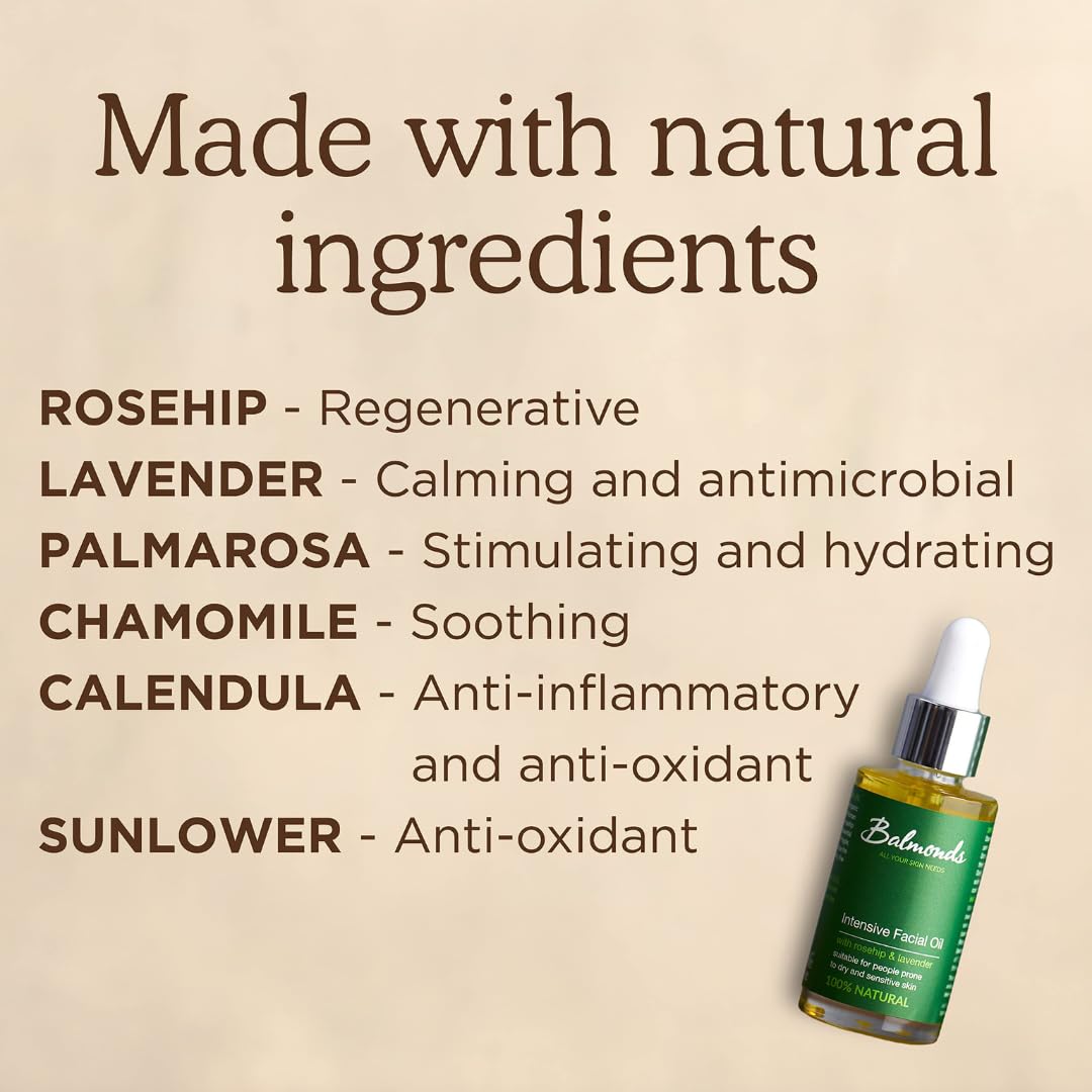 Balmonds Aceite facial intensivo, aceite de piel 100% natural para piel seca y sensible, sin fragancia y fabricado con aceite de vitamina E, vegano y libre de crueldad (1.1 oz)