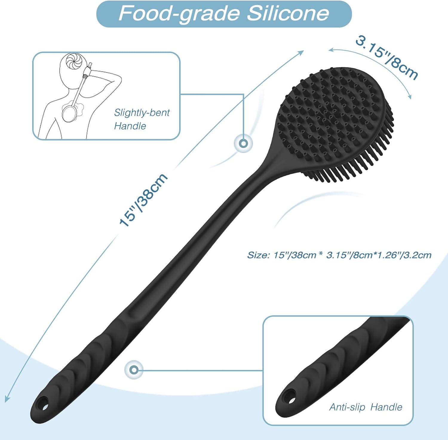 Manmihealth Silicone Back Scrubber(Thick Bristles) & Soft Bath Glove Set, Super-Exfoliating Body Scrubber & Super-Lathering Shower Brush Combination, with a Free Hook.(Black)