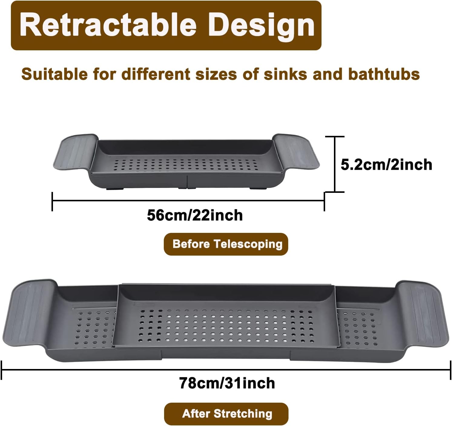 Expandable Drain Bath Shelf Caddy Tray, Multifunctional Plastic Bathtub Tray Bathroom Organizer Simple Stylish Bathtub Storage Rack for Candle Towel, Book, Wine, Phone, Shower (Grey - 1pcs)