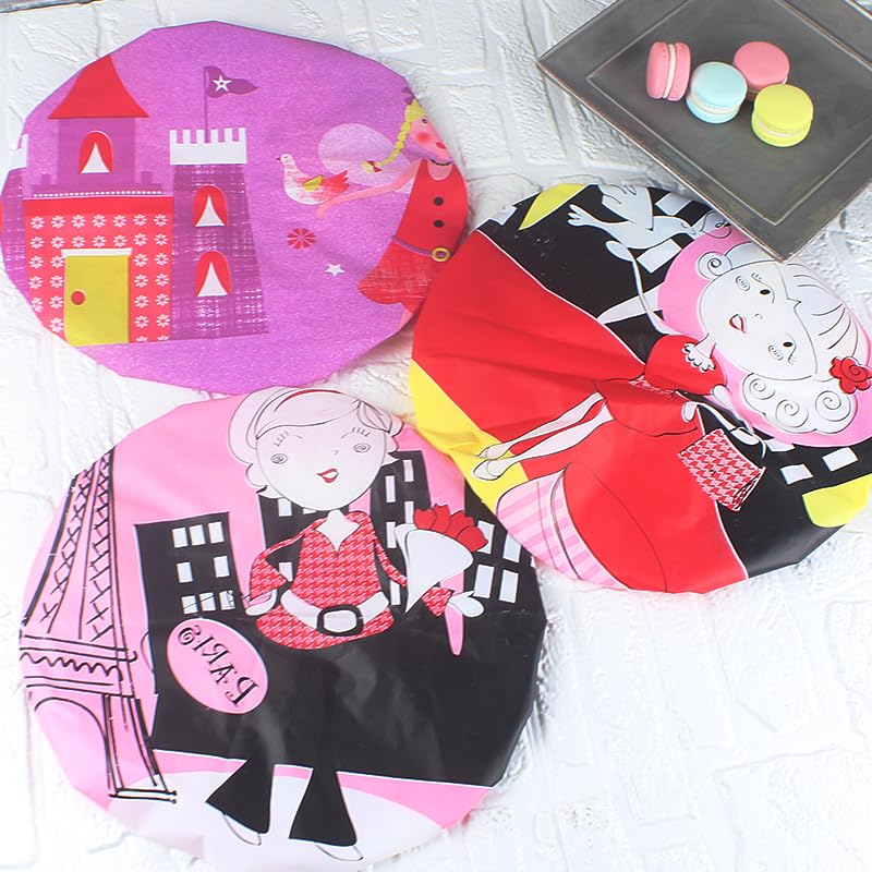 4Pcs Shower Caps, Waterproof Bath Caps Plastic Reusable Shower Caps Elastic Band Bath Hair Caps for Women Kids (P-3)