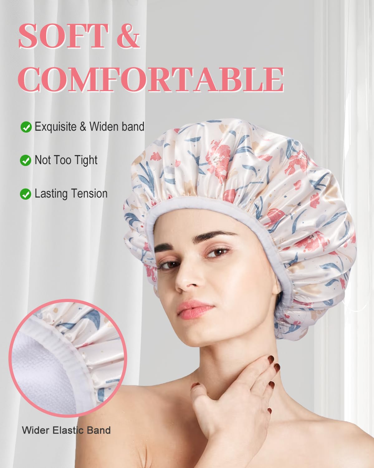 Aquior Shower Cap,Terry Cloth Lined Shower Cap for Women Reusable, Triple Layer Waterproof Bath Cap, Extra Large for Women Long Hair