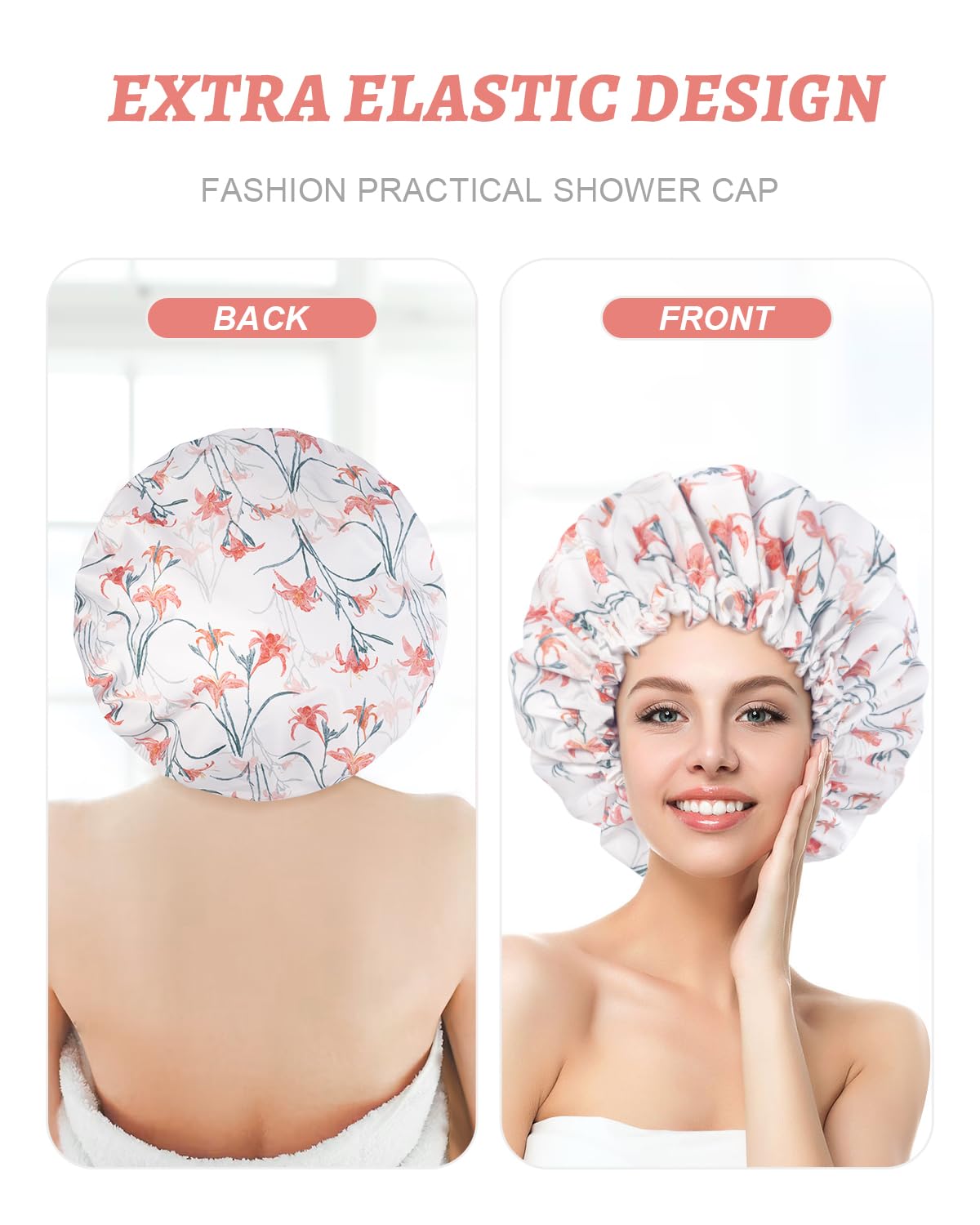 Aquior Shower Caps, Double Layer Waterproof Shower Cap for Women, Reusable Large Shower Cap for all Hair Lengths with EVA Lining, Soft Bath Shower Caps