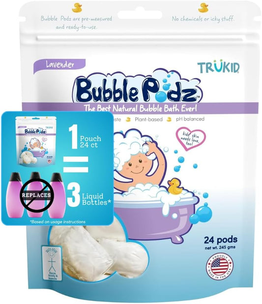 TruKid Bubble Podz for Baby, Refreshing Bubble Bath for Dry, Sensitive & Soft Skin, pH Balanced for Eye Sensitivity, Enriched with Lavender Flower, Lavender Scent, All Natural Ingredients (24 Podz)