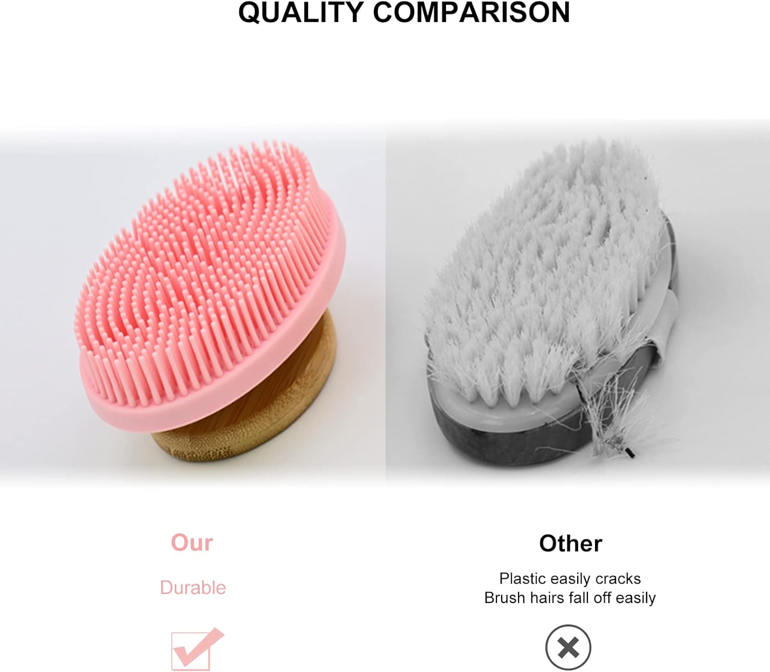 Ozner Food-Grade Soft Silicone Body Scrubber Shower Brush, Cleans and Removes Dead Skin - Foam-Rich Brush, Non-Slip Bamboo Handle Silicone Loofah, Durable and Easy to Clean, 1pc (Pink)