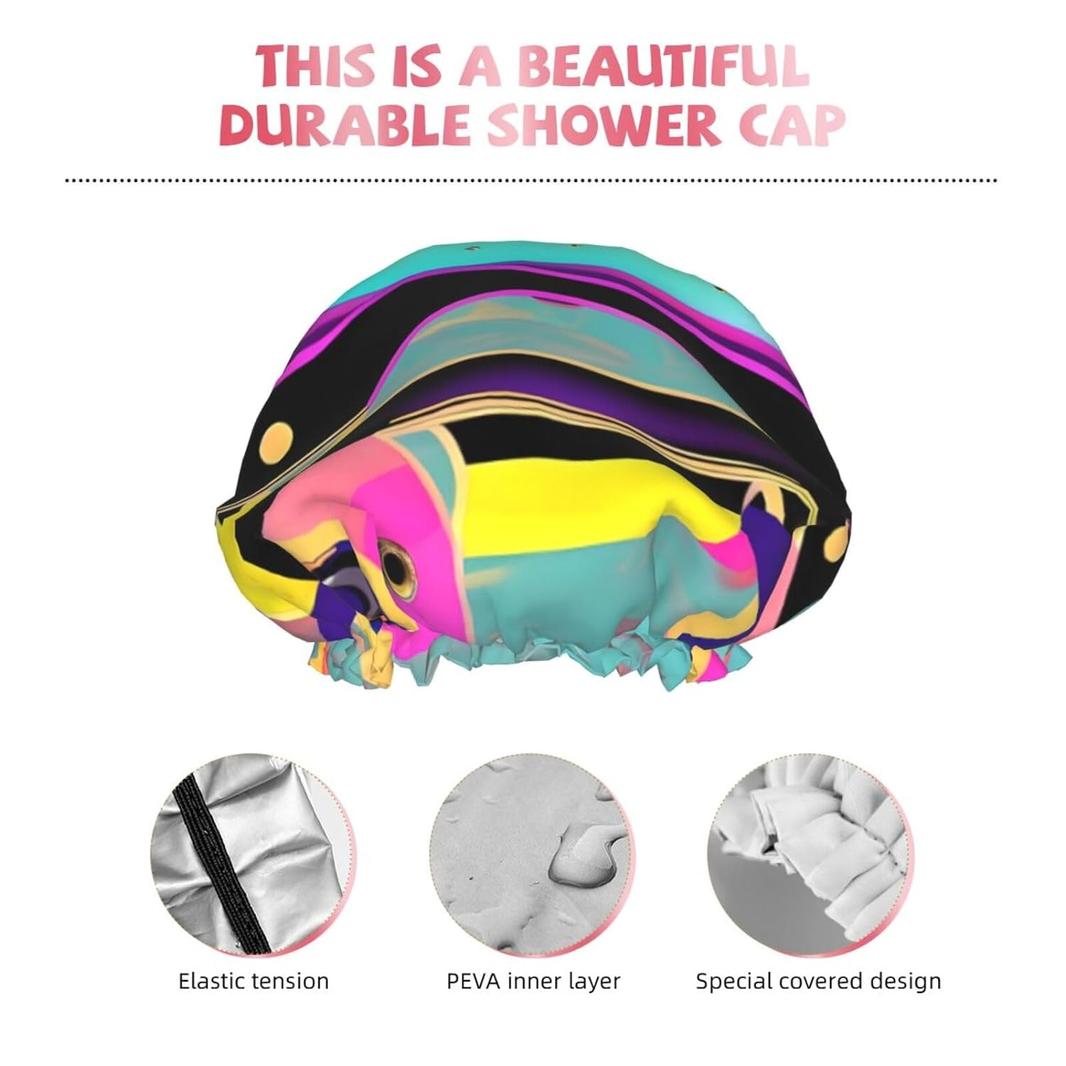 Ice Hockey print Print Reusable Shower Cap for Women,Double Waterproof Layers Bathing Hat,Quick Drying Bath Hair Cap