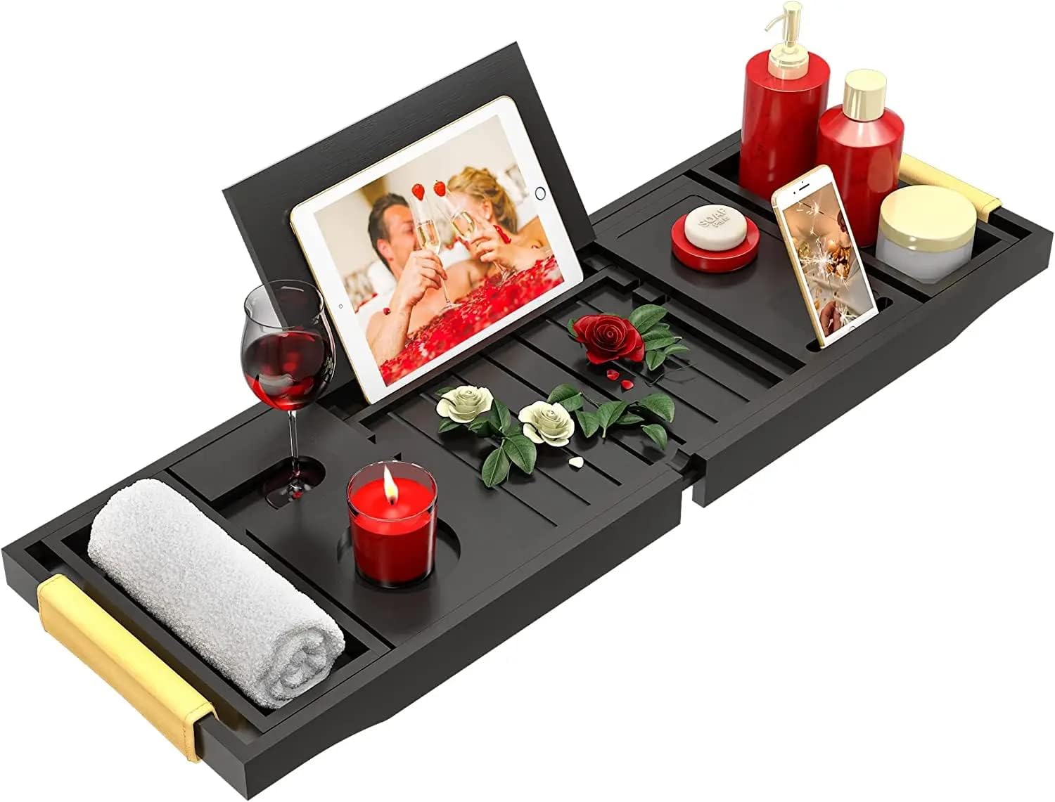 Bathtub Tray Luxury Bathtub Caddy, Expandable Bath Tray with Leather Grip, Adjustable 1 or 2 Person Bath Table Bed Tray with Slots for book Phone holder, Bamboo Bathroom Organizer & Accessories, White