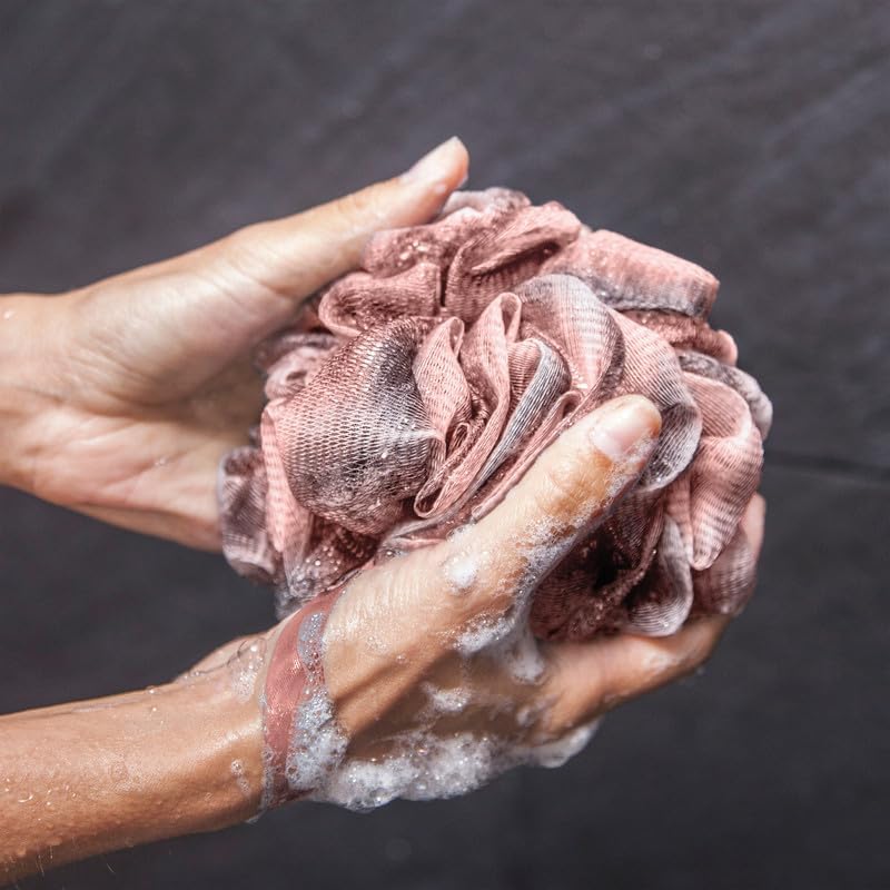 Toem Loofah Back Scrubber for Shower | Bamboo Charcoal Fiber Infused | Loufas for Men & Women | Includes 1 Long Handled Shower Sponge, 1 Bath & Shower Luffa Pouf & 1 Hook to Hang Stuff (Slate Grey)