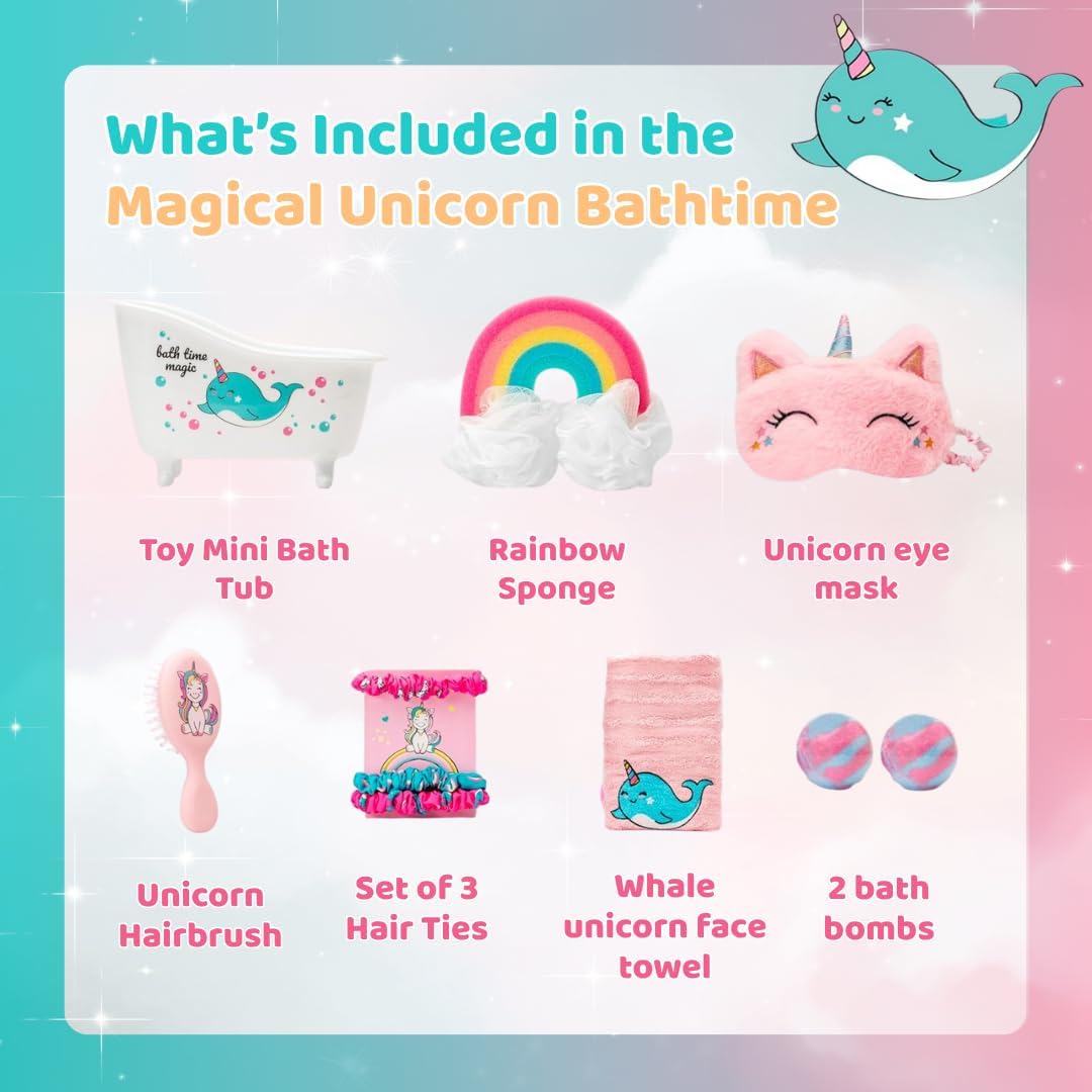 Unicorn Bath Gift Set for Girls Ages 3-8,10 pcs Kids Gift Box with Bath Bombs,Sponge,Eye mask&Hairbrush,Fun Birtday and Holiday Present,Lovely gifts.