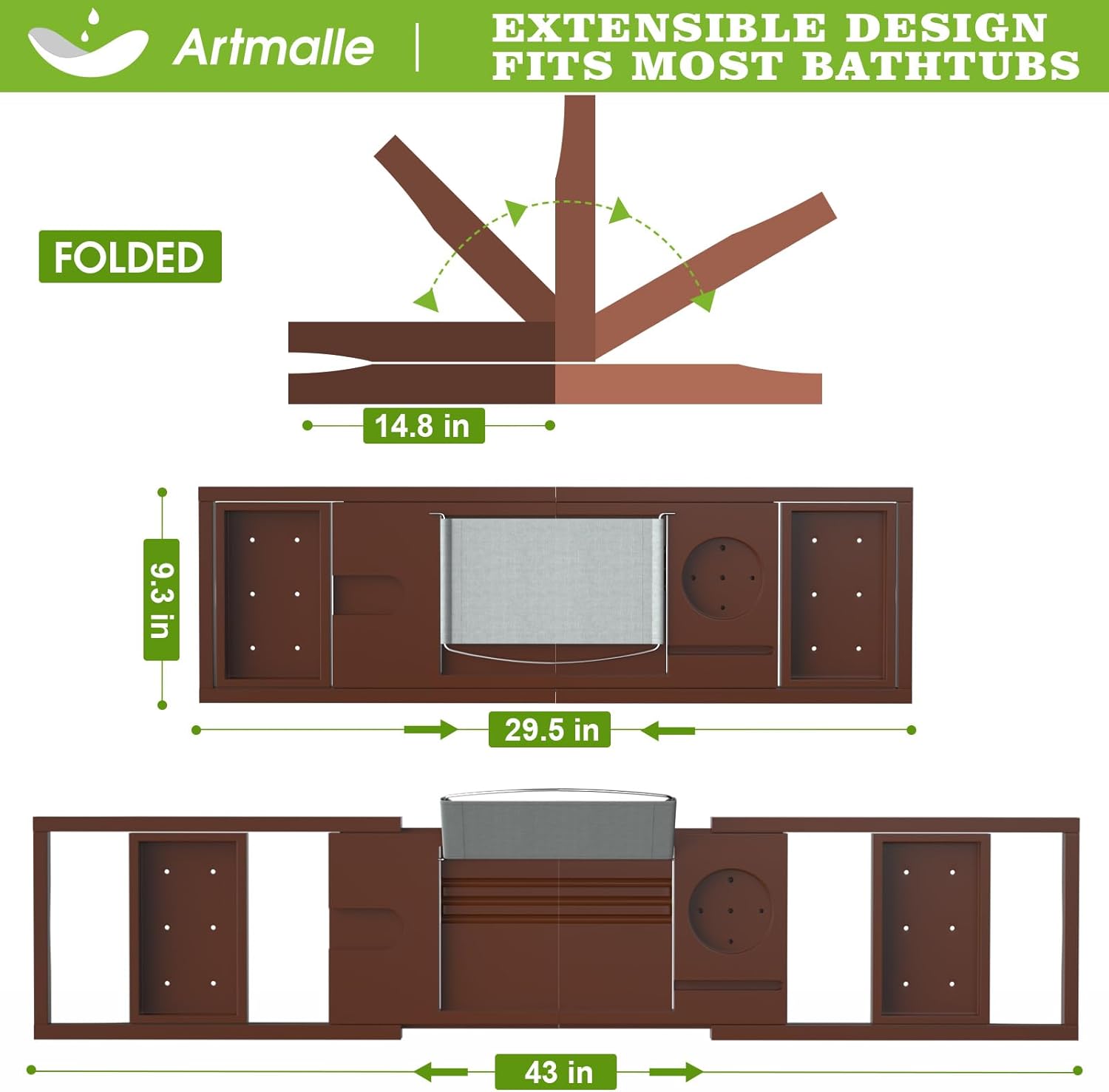 Artmalle Bathtub Caddy Tray for Tub,Foldable Bamboo Bath Table Tray with Book and Wine Glass Holder, Expandable Bathroom Accessories with Free Soap Dish Suitable for Luxury Spa or Reading