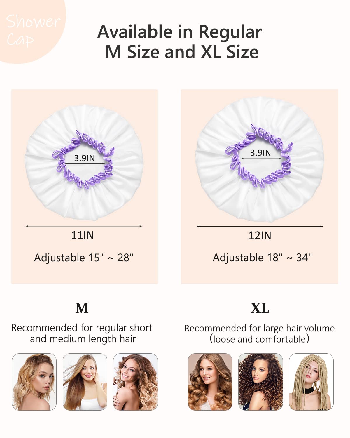 mikimini White Shower Cap Waterproof Reusable, Double Layers Bathing Hair Cap with Soft Comfortable PEVA Lining, Cute, Non-fading & Stretchy Shower Hat Medium (Pack of 1) White