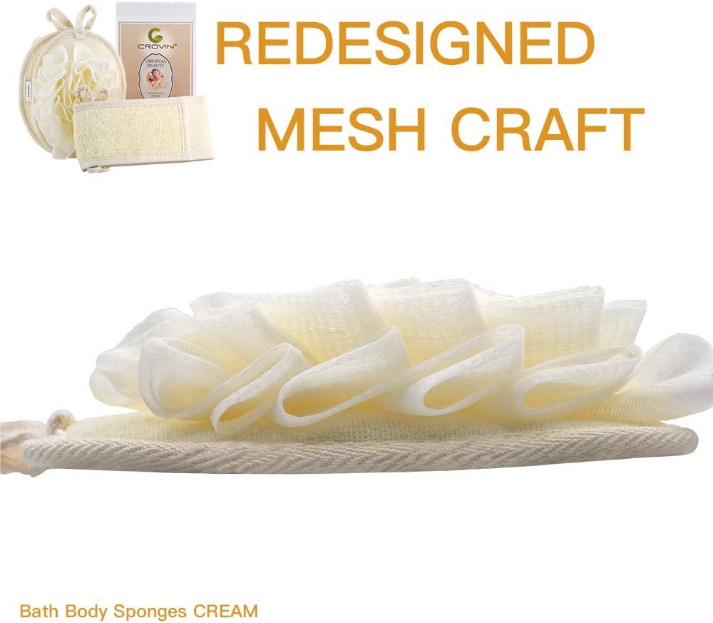 CROVIN Shower Puff 4 Pack Bath Sponge Shower Loofahs Pouf Large 7x5 Premium Exfoliating Mesh Puffs for Men and Women-Elastic Hand Strap Body Brush to Soothe, Cleanse Your Skin