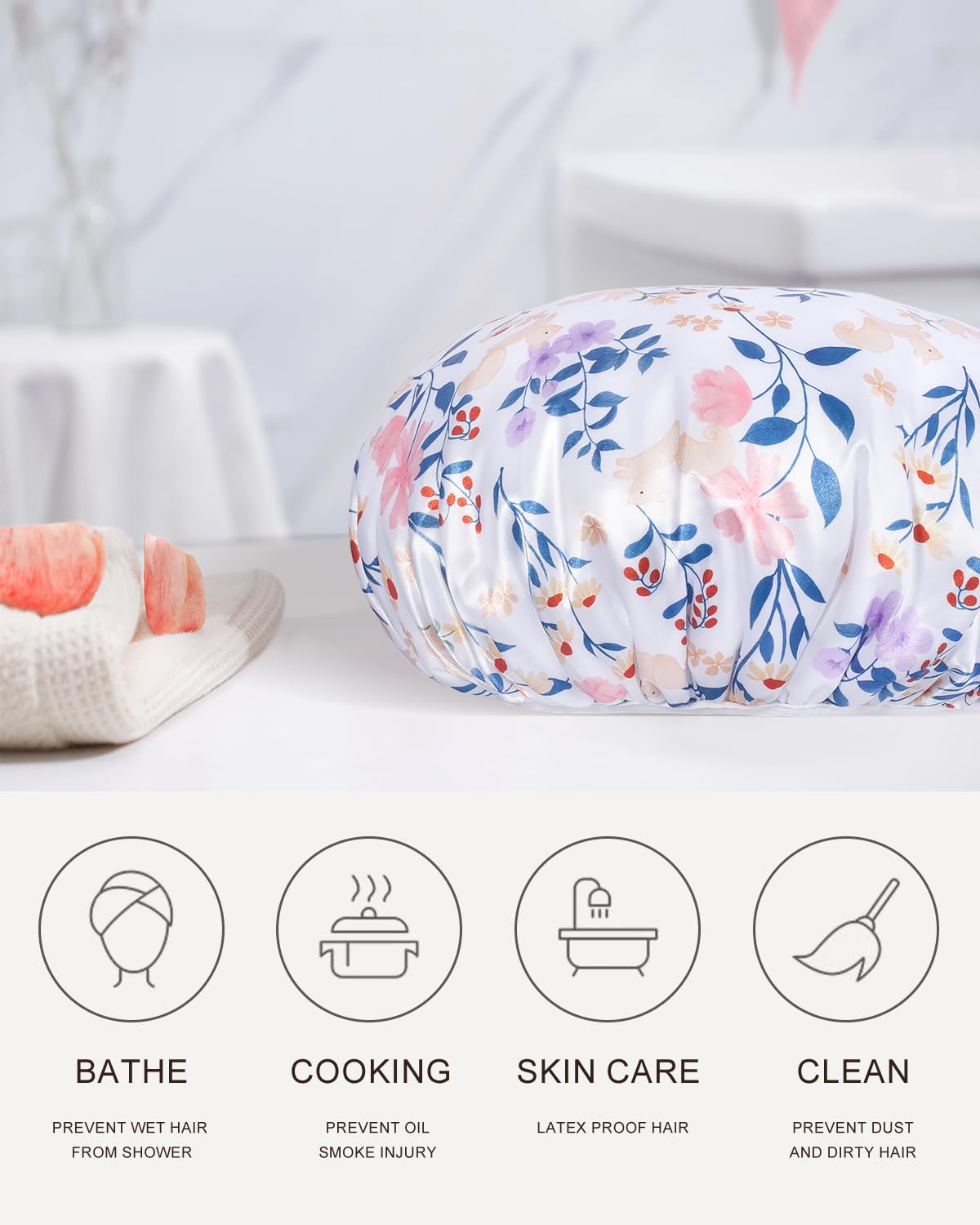 Aquior Shower Cap,Terry Cloth Lined Shower Cap for Women Reusable, Triple Layer Waterproof Bath Cap, Extra Large for Women Long Hair
