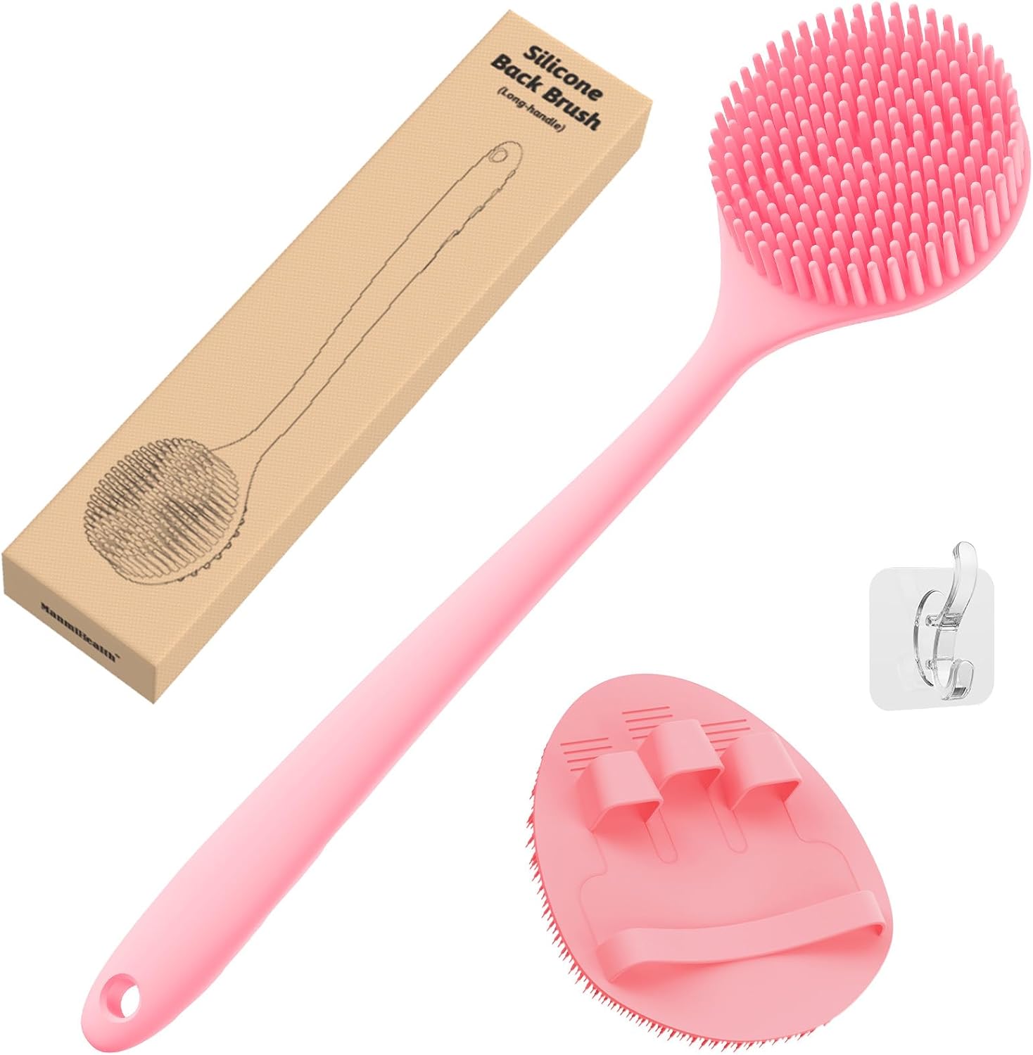 Manmihealth Silicone Back Scrubber(Thick Bristles) & Soft Bath Glove Set, Super-Exfoliating Body Scrubber & Super-Lathering Shower Brush Combination, with a Free Hook.(Black)