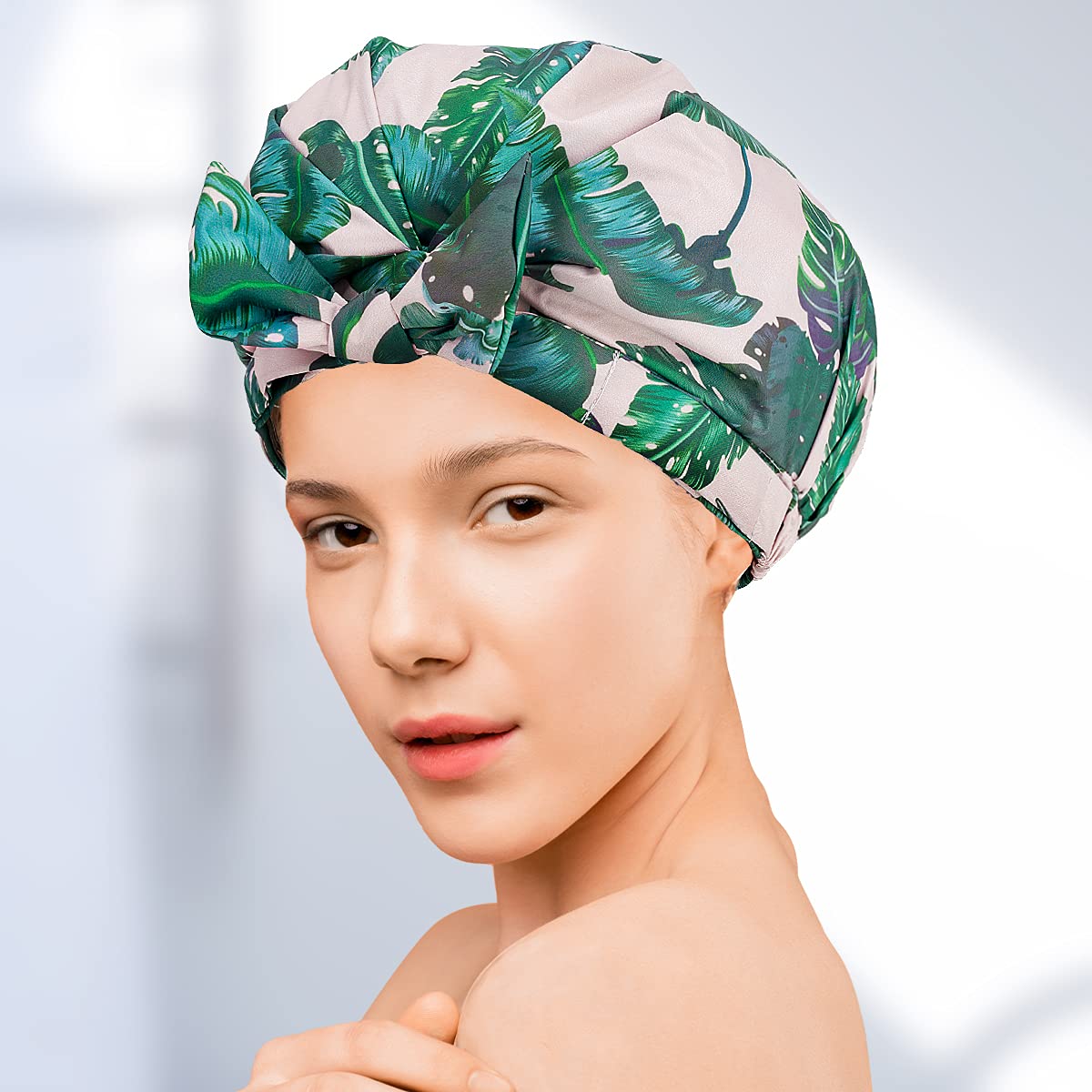 Auban Shower Cap Reusable,Ribbon Bow Bath Cap Large Design With Waterproof Exterior for All Hair Lengths,Great for Girls Spa Home Use,Hotel and Hair Salon (Green)
