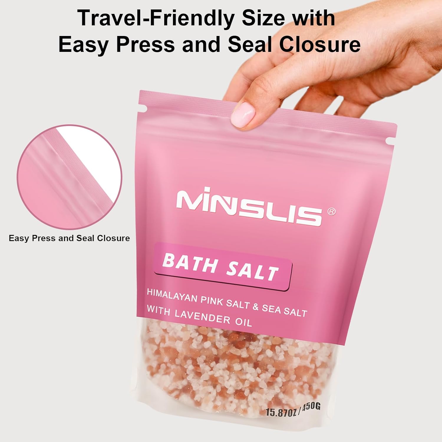MINSLIS Bath Salts for Women Relaxing, Himalayan Pink Salt with Lavender Oil Essential Oil & Sea Salts 100% Natural Aromatherapy and Relaxation Foot Spa Body for Pain Relief - 15.87 oz