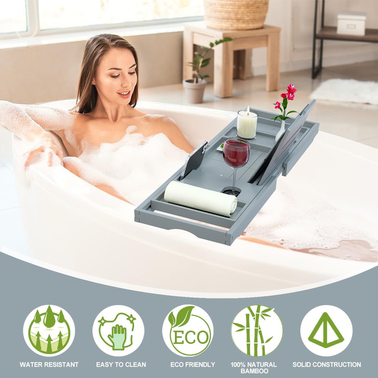 Premium Bathtub Tray Caddy - Bath Tray Bamboo Expandable - Bath Tub Tray Table for Bathtub - Expandable Size, Fits Most Bath Tubs
